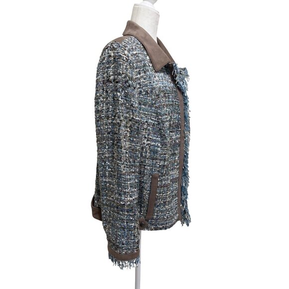 Madeleine Womens Blazer Blue Tweed & Taupe Faux Suede Jacket Size XL - Picture 2 of 7
